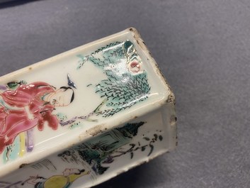 A hexagonal Chinese famille rose brush pot with figurative panels, Yongzheng